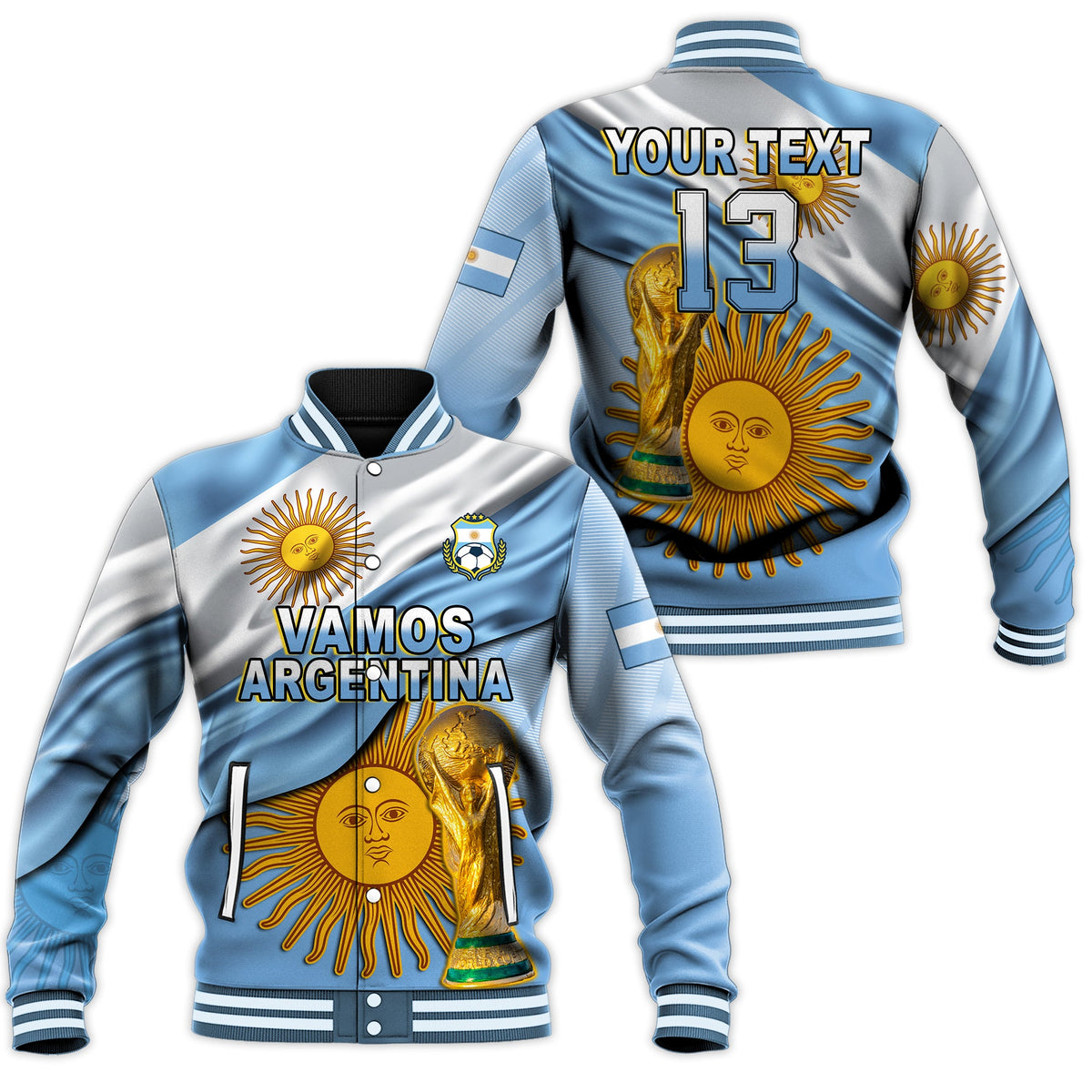 (Custom Text and Number) Argentina Football Baseball Jacket Vamos La Albiceleste Champions World Cup Vibe Flag LT13 - Wonder Print Shop