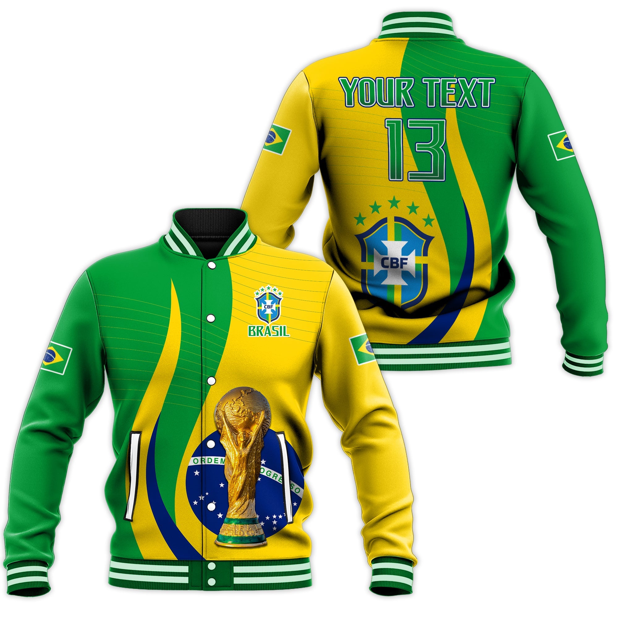 (Custom Text and Number) Brazil Football Champions Baseball Jacket Selecao Style Vibe LT13 - Wonder Print Shop