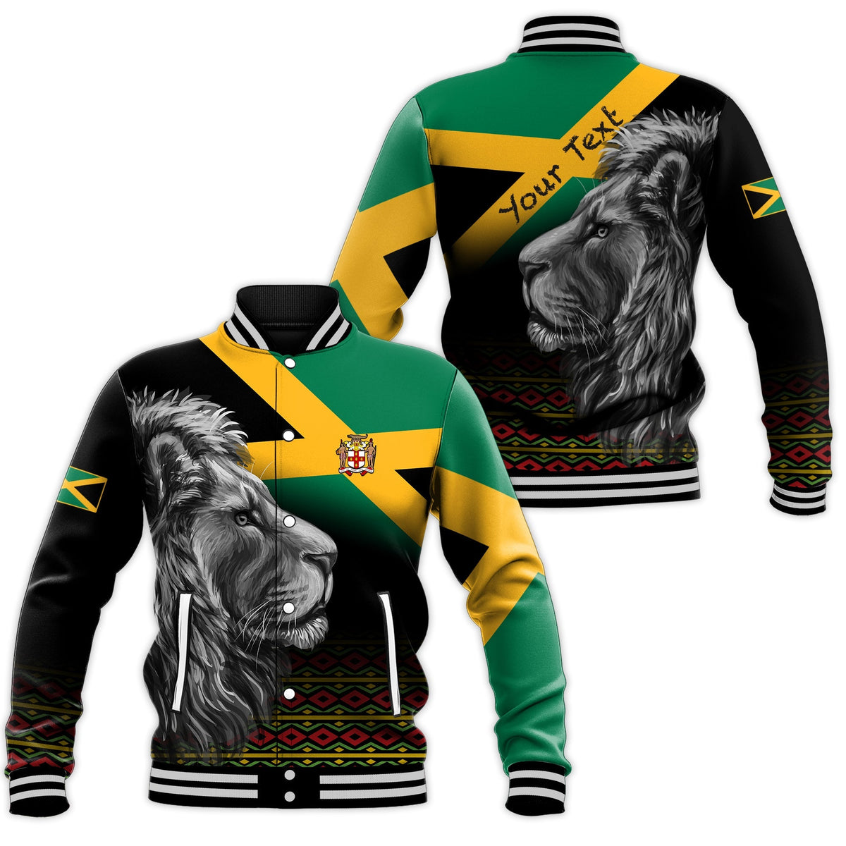 (Custom Personalised) Jamaica Lion Baseball Jacket Jamaican Pattern Version Black LT13 - Wonder Print Shop