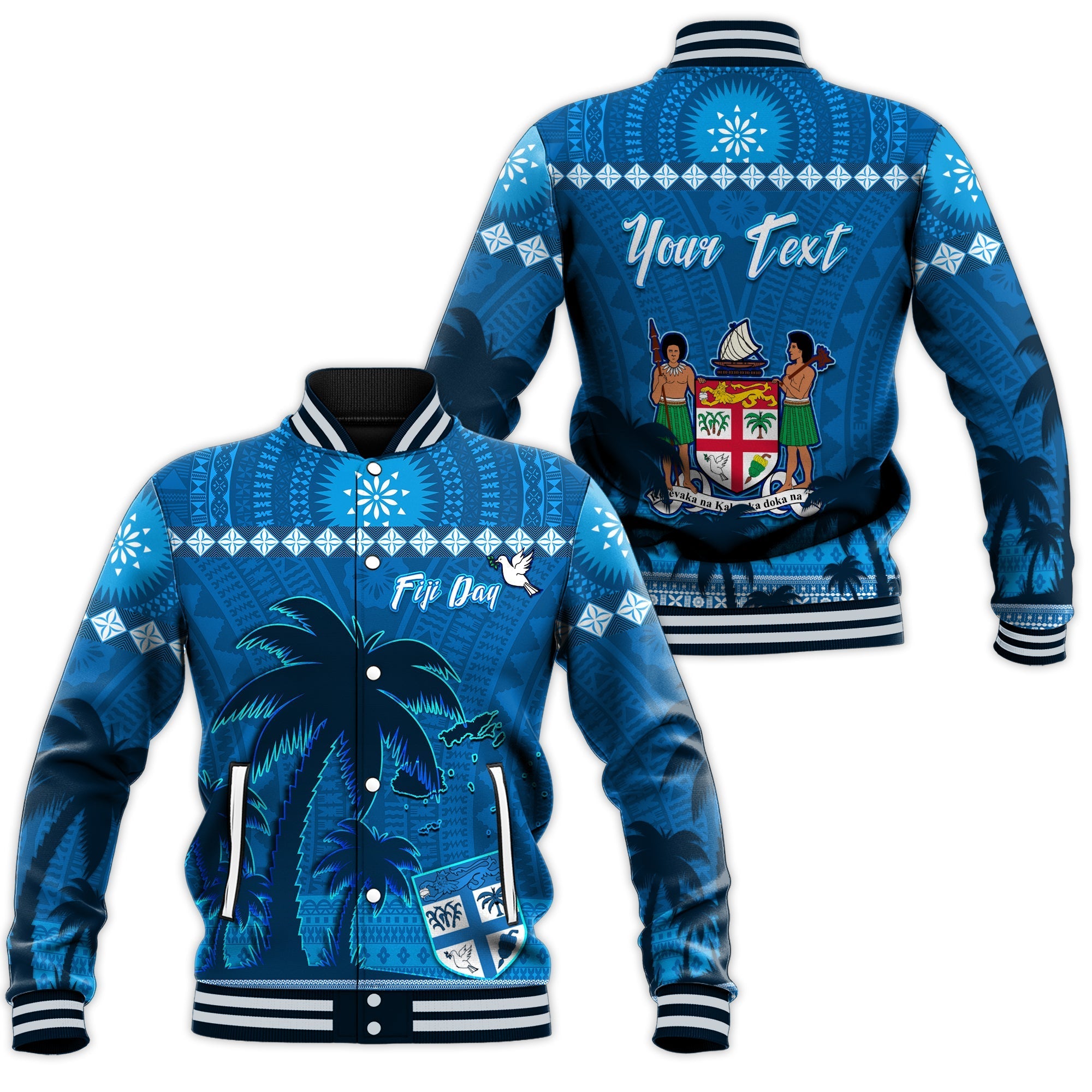 Custom Personalised Bula Fiji Day Baseball Jacket Fijian Tapa with Palm Tree 52nd Anniversary LT13 - Wonder Print Shop