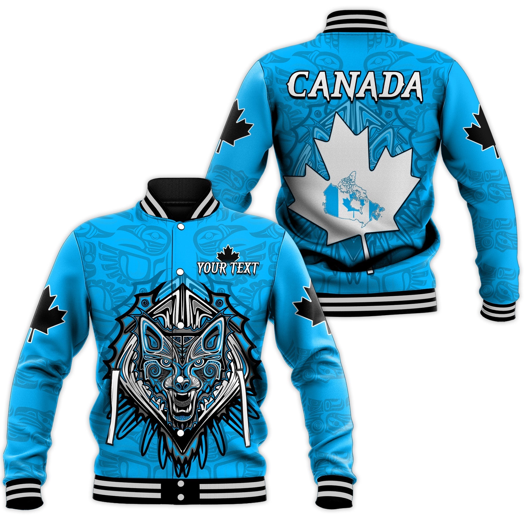 (Custom Personalised) Canada Maple Leaf Baseball Jacket Blue Haida Wolf LT13 - Wonder Print Shop