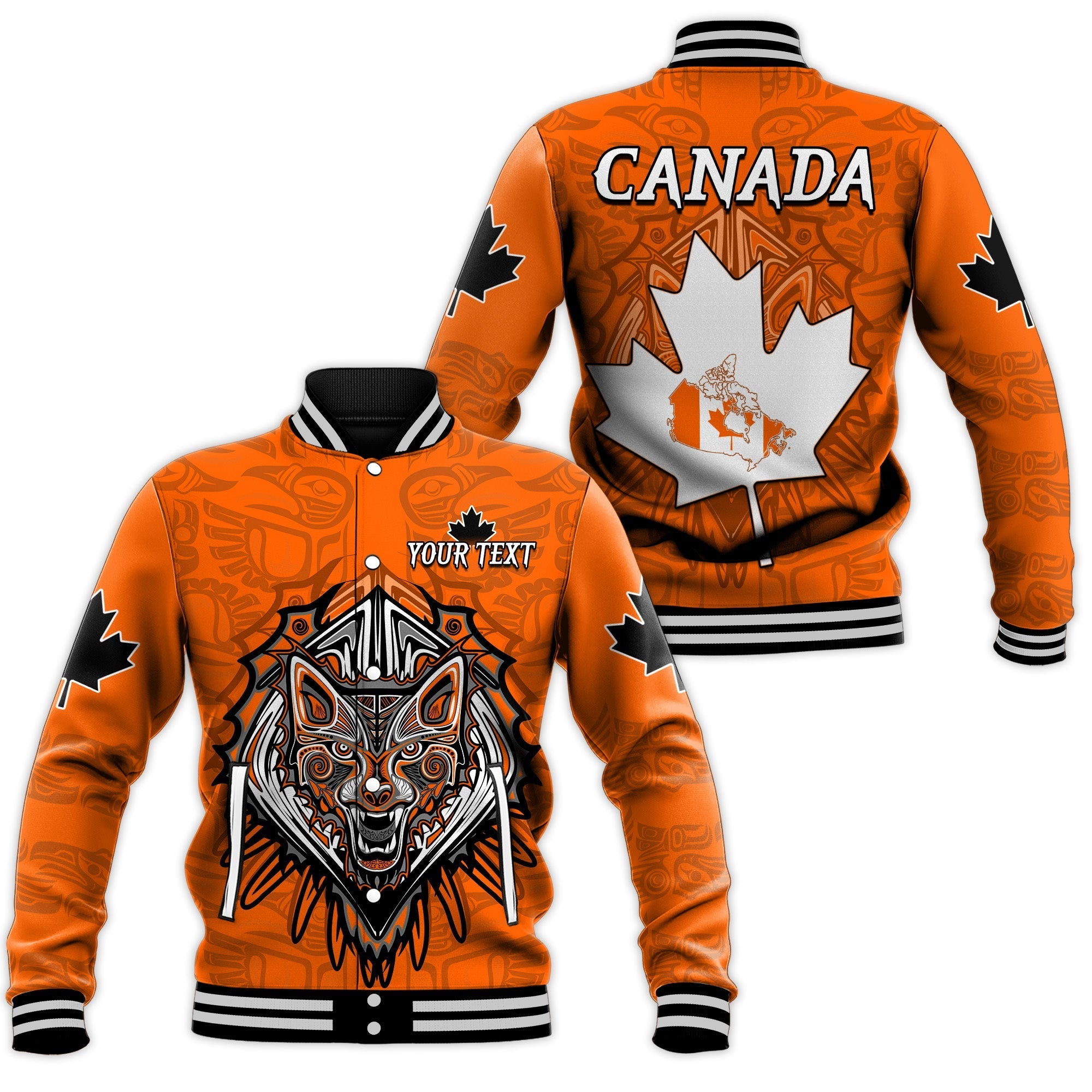 custom-personalised-canada-maple-leaf-baseball-jacket-orange-haida-wolf