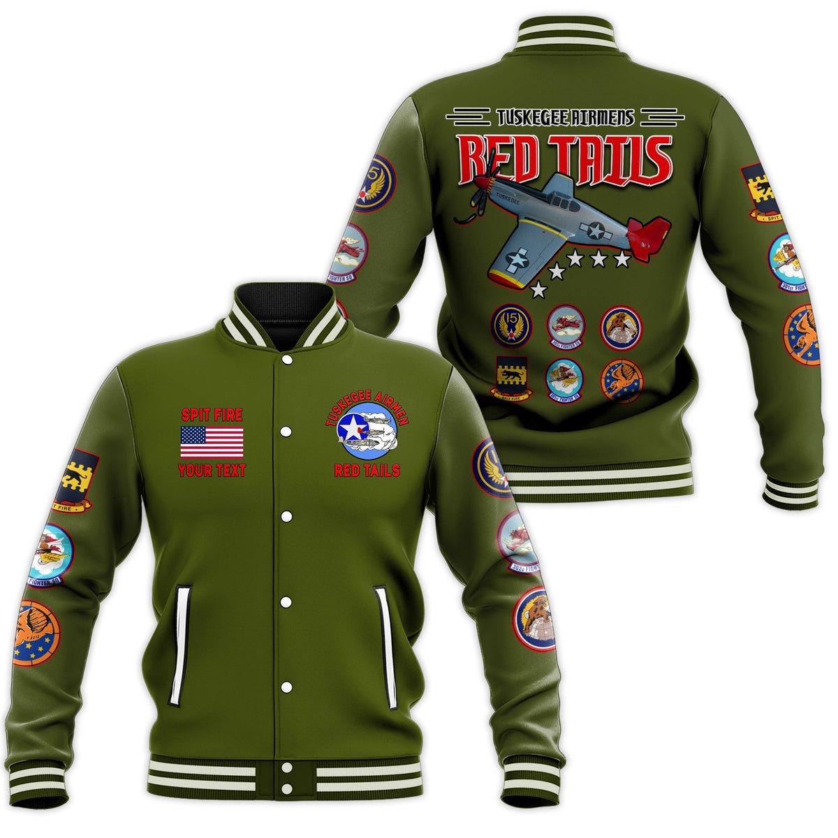(Custom Personalised) Tuskegee Airmen Baseball Jacket US Military Army Green Red Tails LT13 - Wonder Print Shop