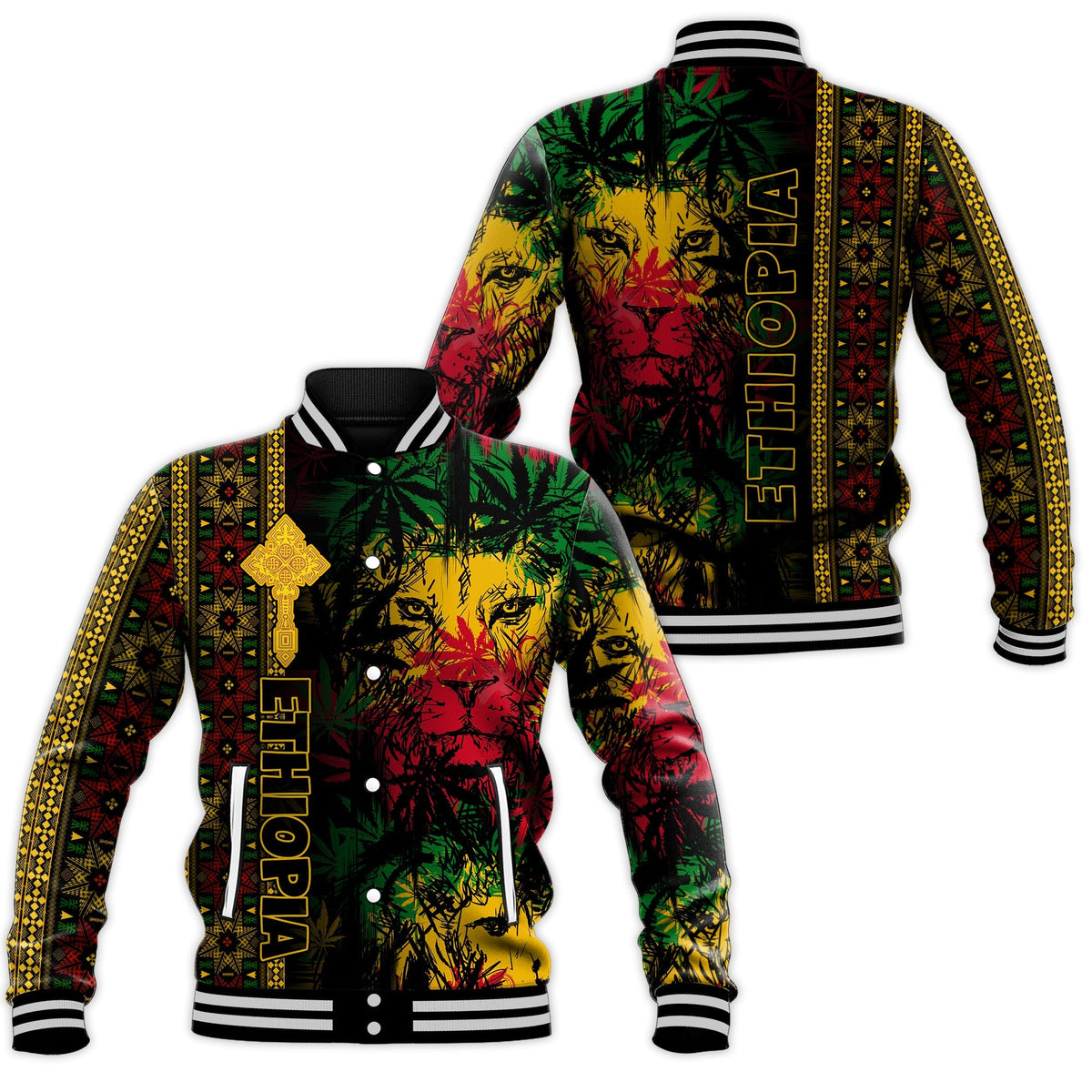 Ethiopia Lion Reggae Baseball Jacket Ethiopian Cross LT13 - Wonder Print Shop