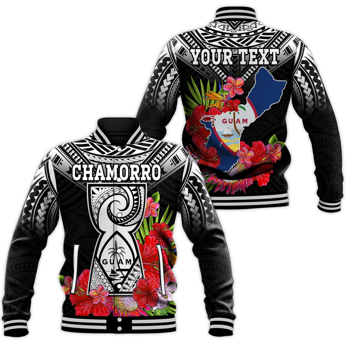 Custom Personalised Guam Chamorro Baseball Jacket Guaman Latte Stone Tropical Flowers Black Style - Wonder Print Shop