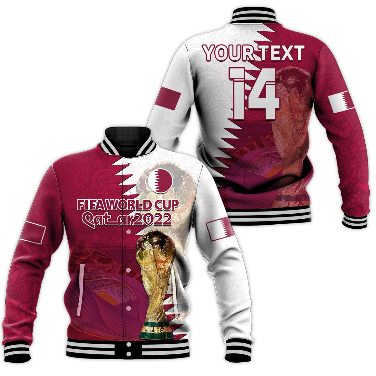 (Custom Text And Number) Qatar Football Baseball Jacket Champions Qatari Al Janoub Stadium WC 2022 - Wonder Print Shop