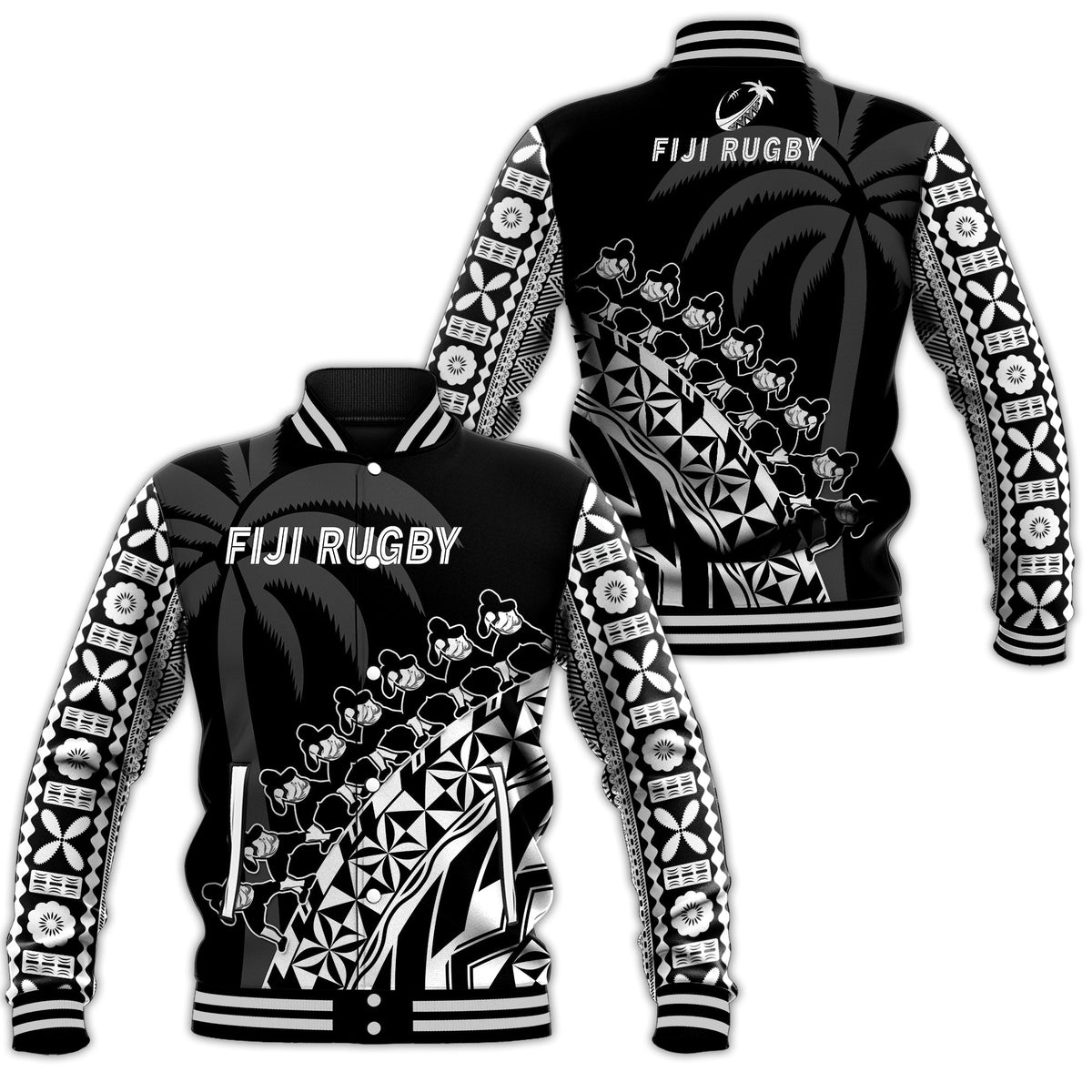Fiji Rugby Baseball Jacket Fijian Cibi Dance Tapa Pattern Black - Wonder Print Shop