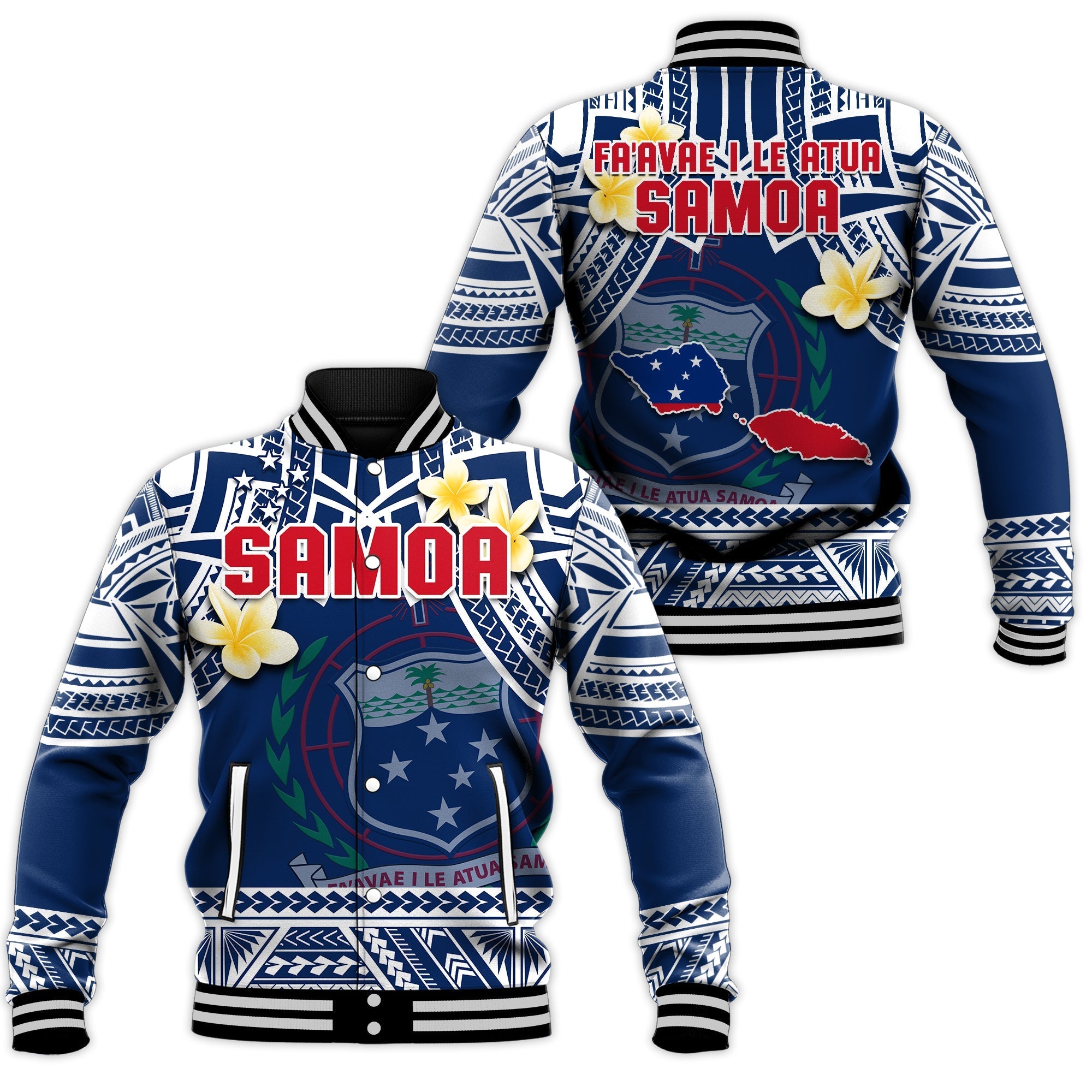 Samoa Baseball Jacket Samoan Plumeria Flowers Mix Polynesian Pattern - Wonder Print Shop