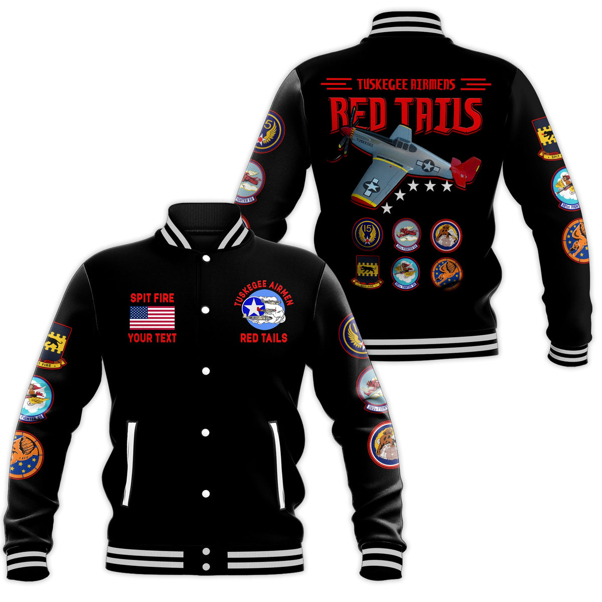 (Custom Personalised) Tuskegee Airmen Baseball Jacket US Military Black Red Tails LT13 - Wonder Print Shop