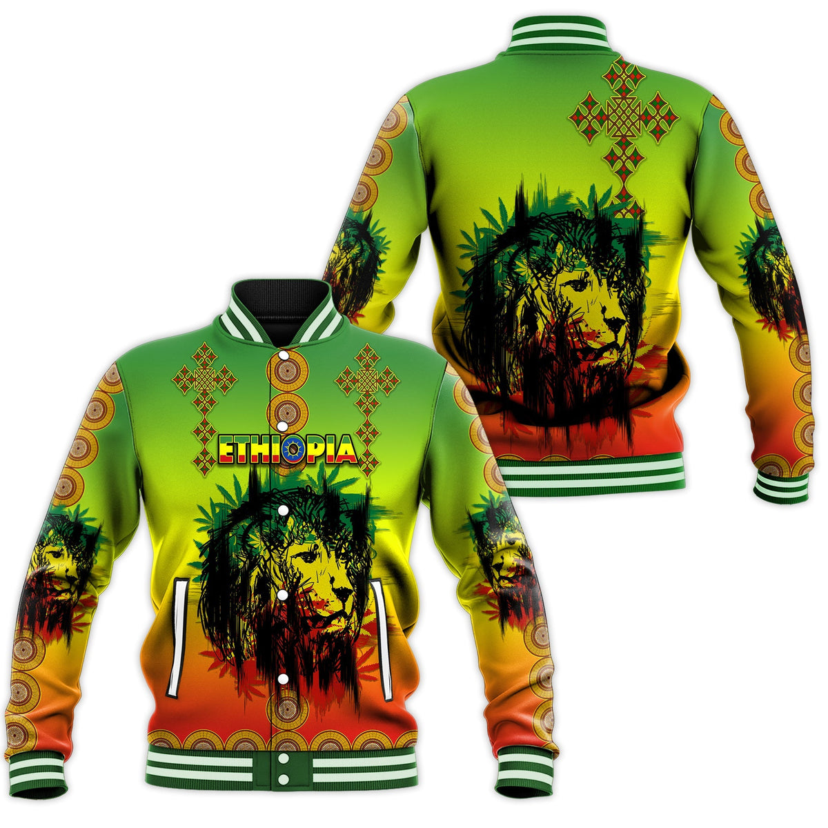 Ethiopia Baseball Jacket Cross Mix Lion Colorful Style - Wonder Print Shop