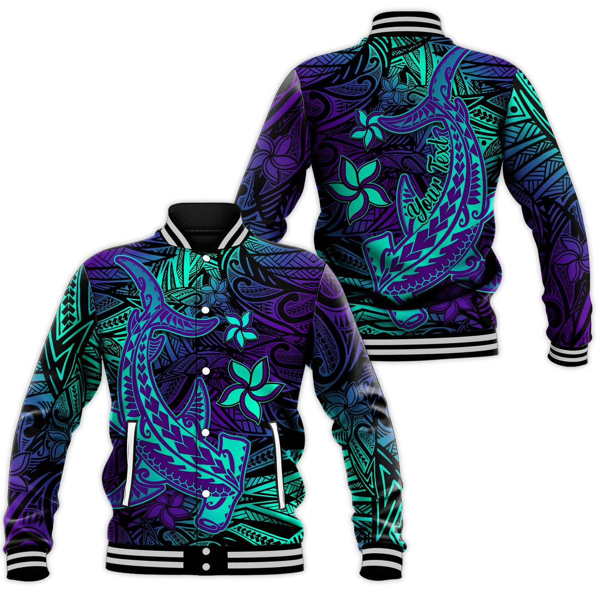 Custom Personalised Polynesian Baseball Jacket Purple Paradise Hawaiian Tribal Hammerhead Shark - Wonder Print Shop