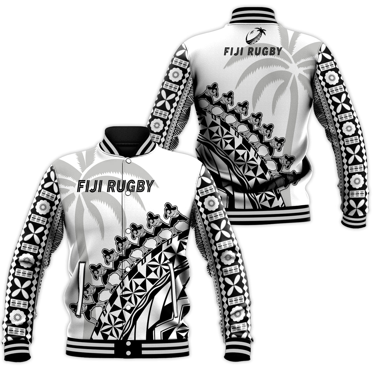 Fiji Rugby Baseball Jacket Fijian Cibi Dance Tapa Pattern White - Wonder Print Shop