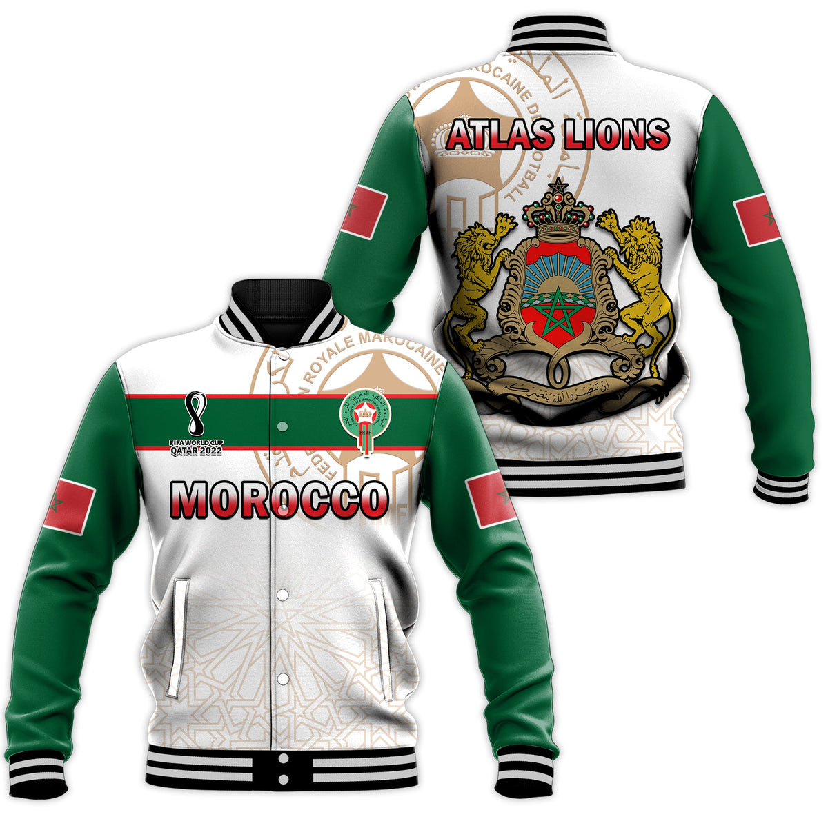 Morocco Football Basseball Jacket Atlas Lions White World Cup 2022 - Wonder Print Shop