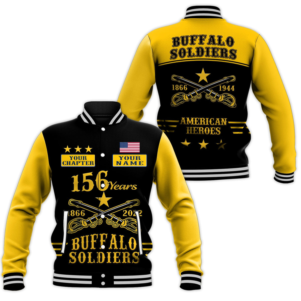 (Custom Text and Chapter) Buffalo Soldiers Baseball Jacket Since 1866 BSMC Anniversary LT13 - Wonder Print Shop