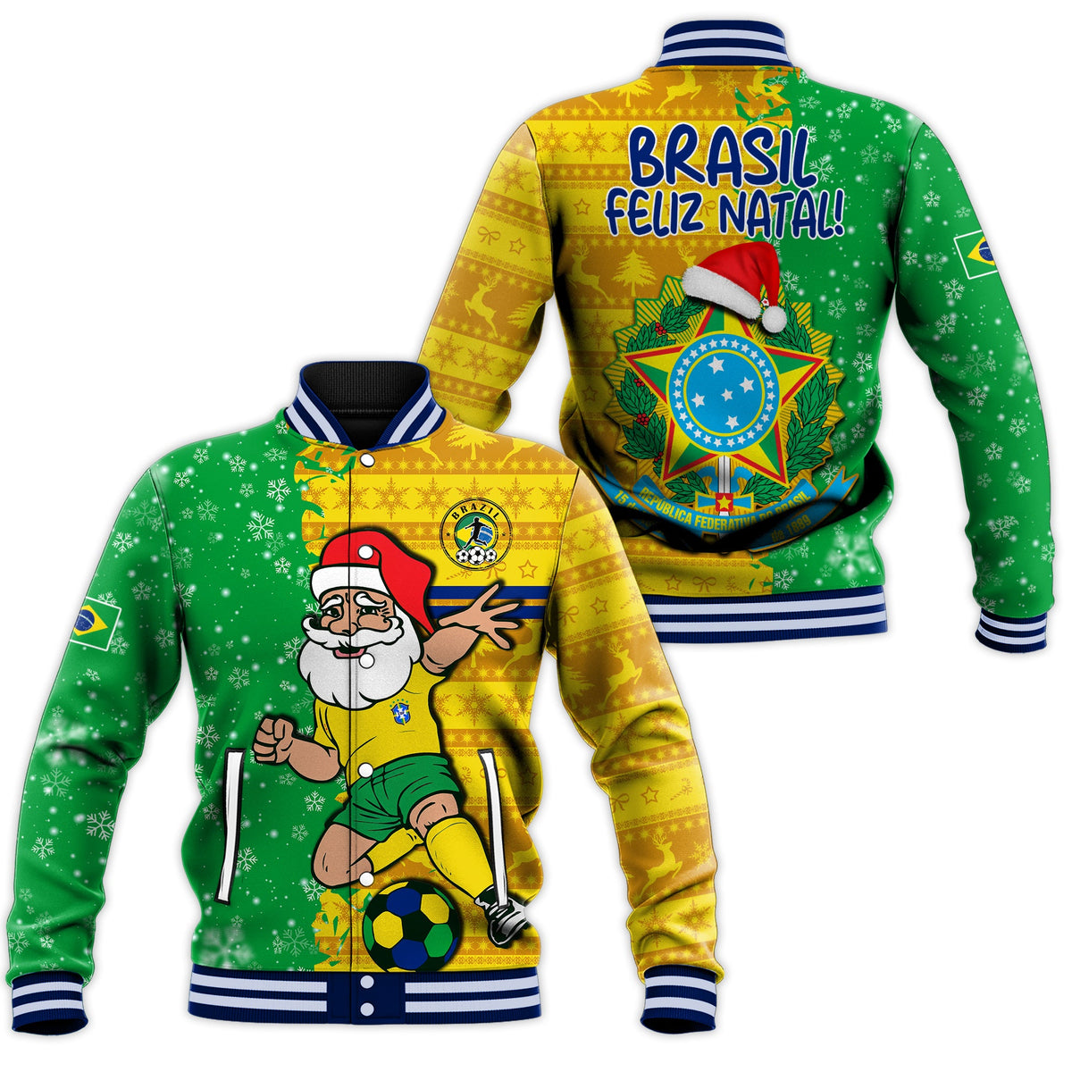 Brazil Football Baseball Jacket Christmas Santa Claus Selecao Champions LT13 - Wonder Print Shop