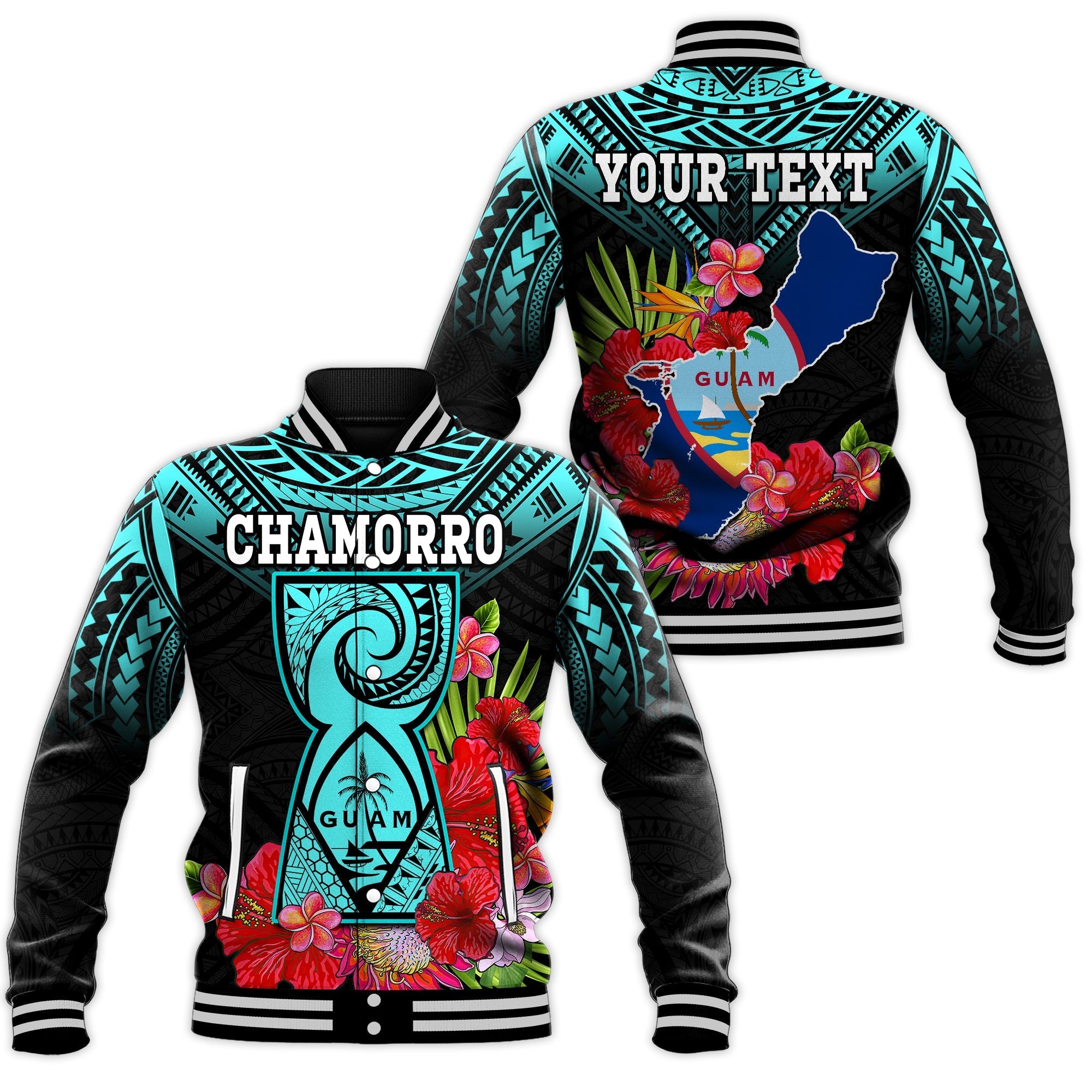 Custom Personalised Guam Chamorro Baseball Jacket Guaman Latte Stone Tropical Flowers Turquoise Style - Wonder Print Shop