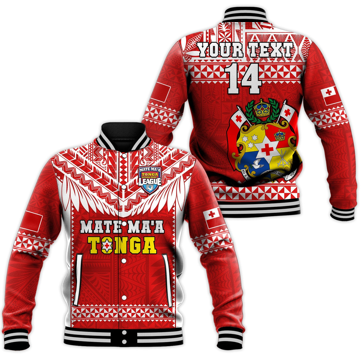 Custom Text And Number Tonga Rugby Baseball Jacket Mate Maa Tonga Pacific Ngatu White - Wonder Print Shop