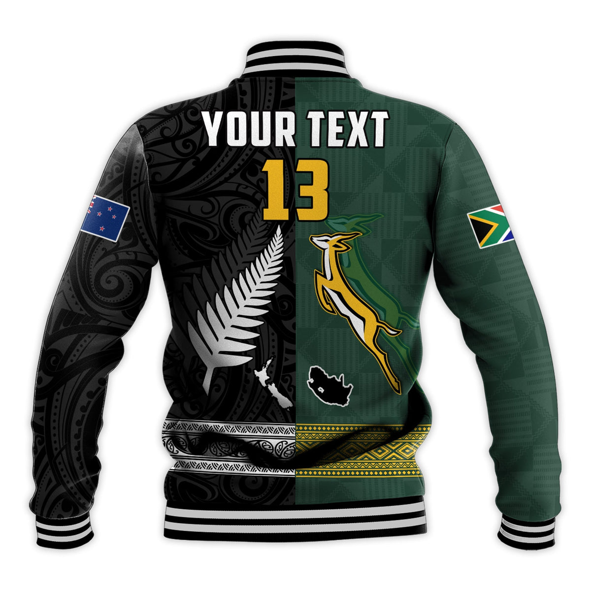 Custom Text and Number South Africa Protea and New Zealand Fern Baseball Jacket Rugby Go Springboks vs All Black LT13 - Wonder Print Shop