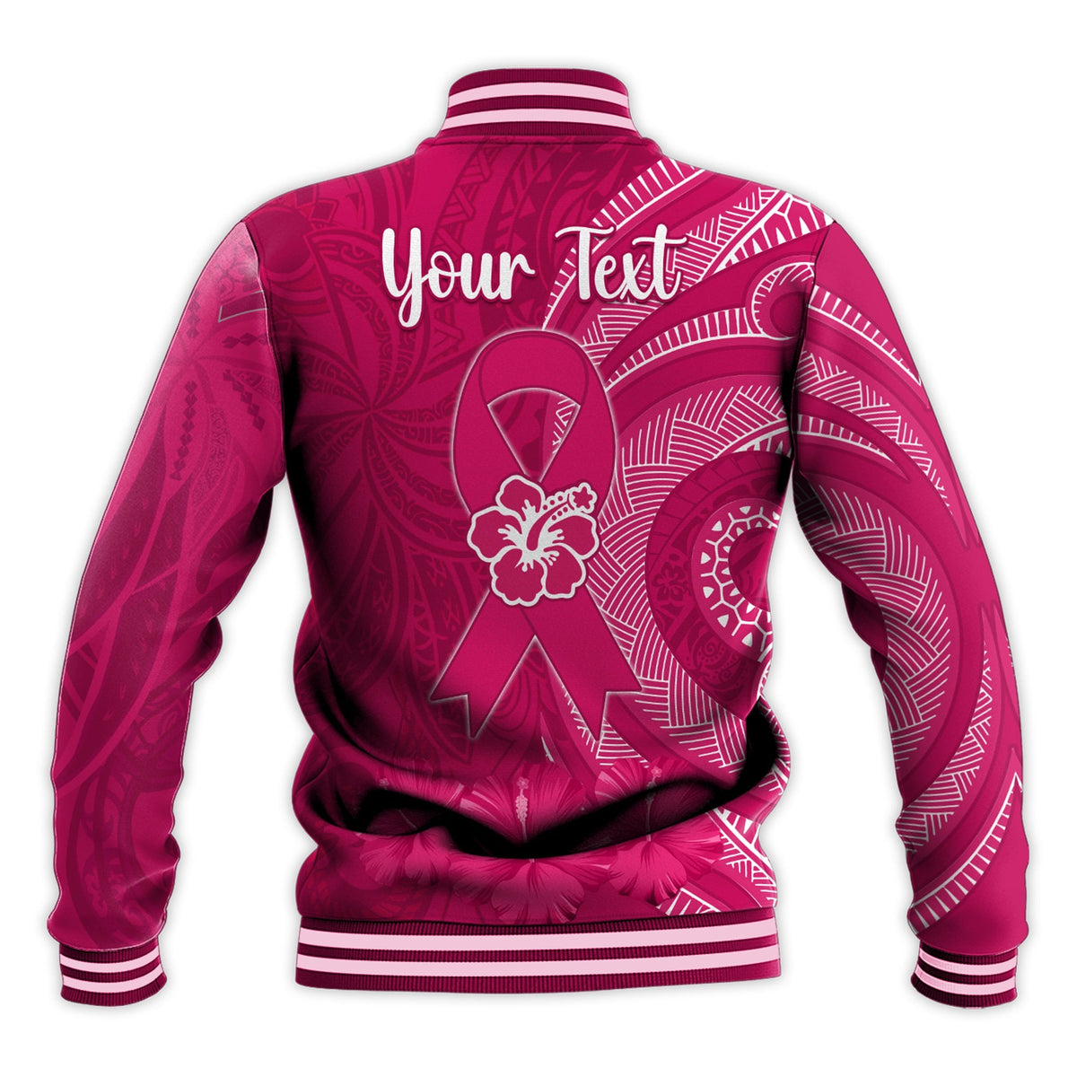 Custom Personalised Breast Cancer Awareness Baseball Jacket Hibiscus Polynesian No One Fights Alone LT13 - Wonder Print Shop