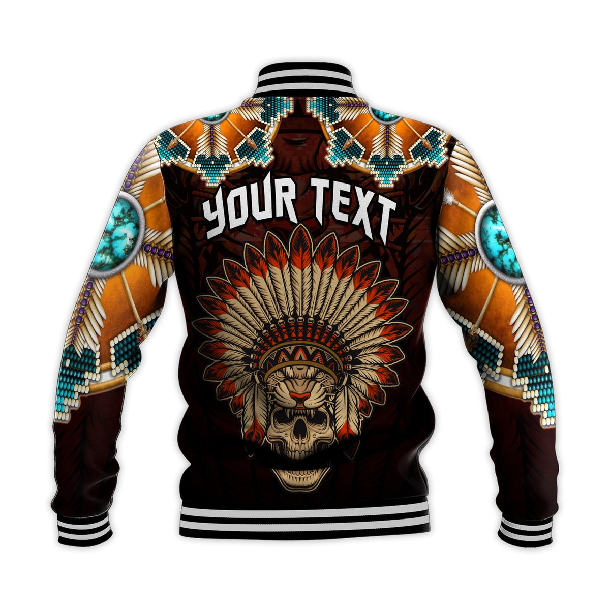 Black back varsity baseball jacket with “YOUR TEXT” and native headdress skull artwork