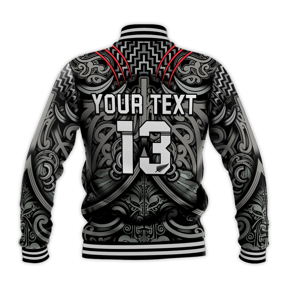 Custom Text and Number New Zealand Silver Fern Rugby Baseball Jacket All Black NZ Maori Pattern LT13 - Wonder Print Shop