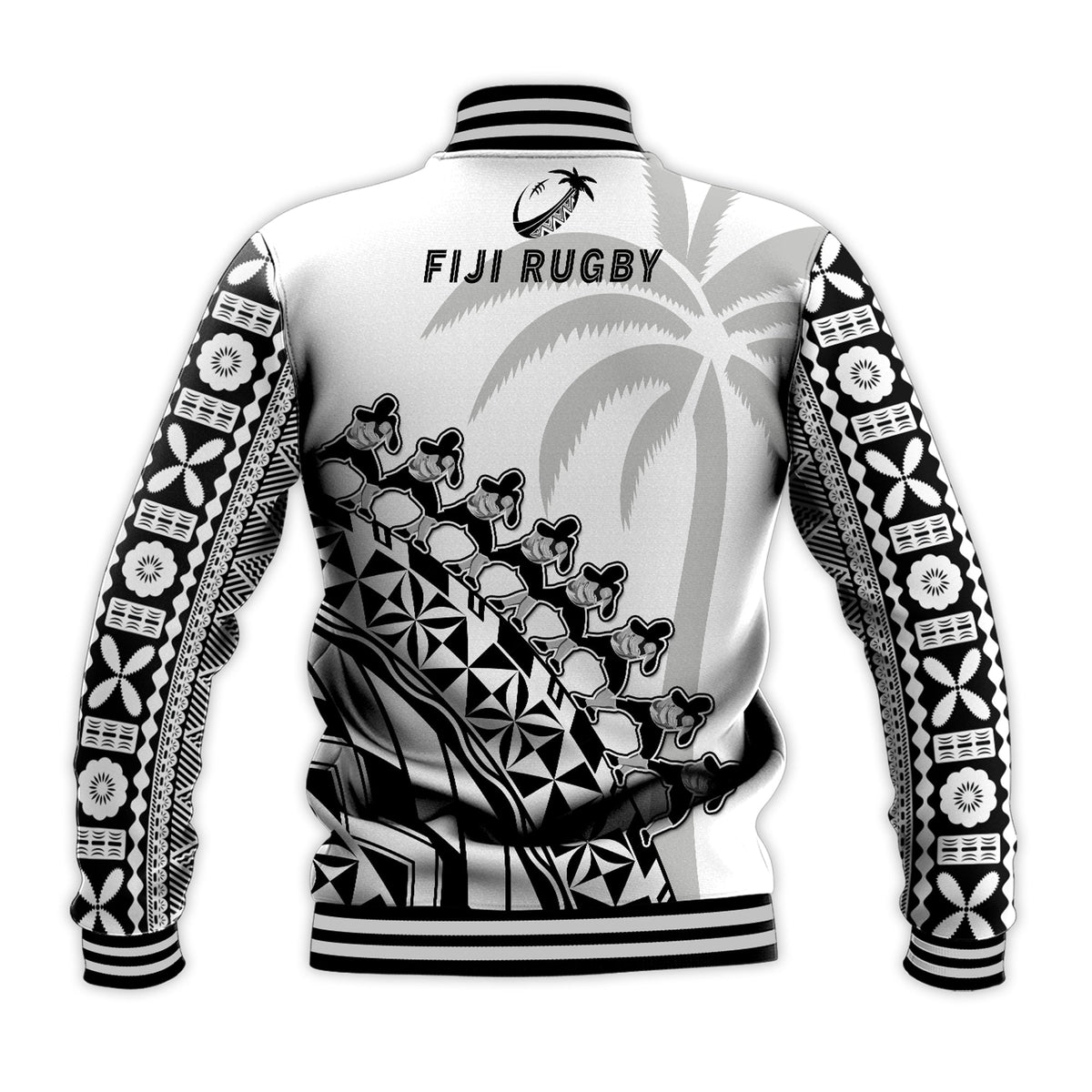 Fiji Rugby Baseball Jacket Fijian Cibi Dance Tapa Pattern White - Wonder Print Shop
