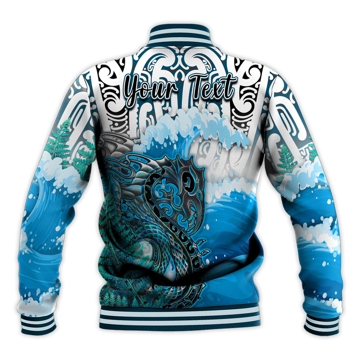 Custom Personalised Manaia Maori Baseball Jacket Fern Aotearoa Blue Waves LT13 - Wonder Print Shop