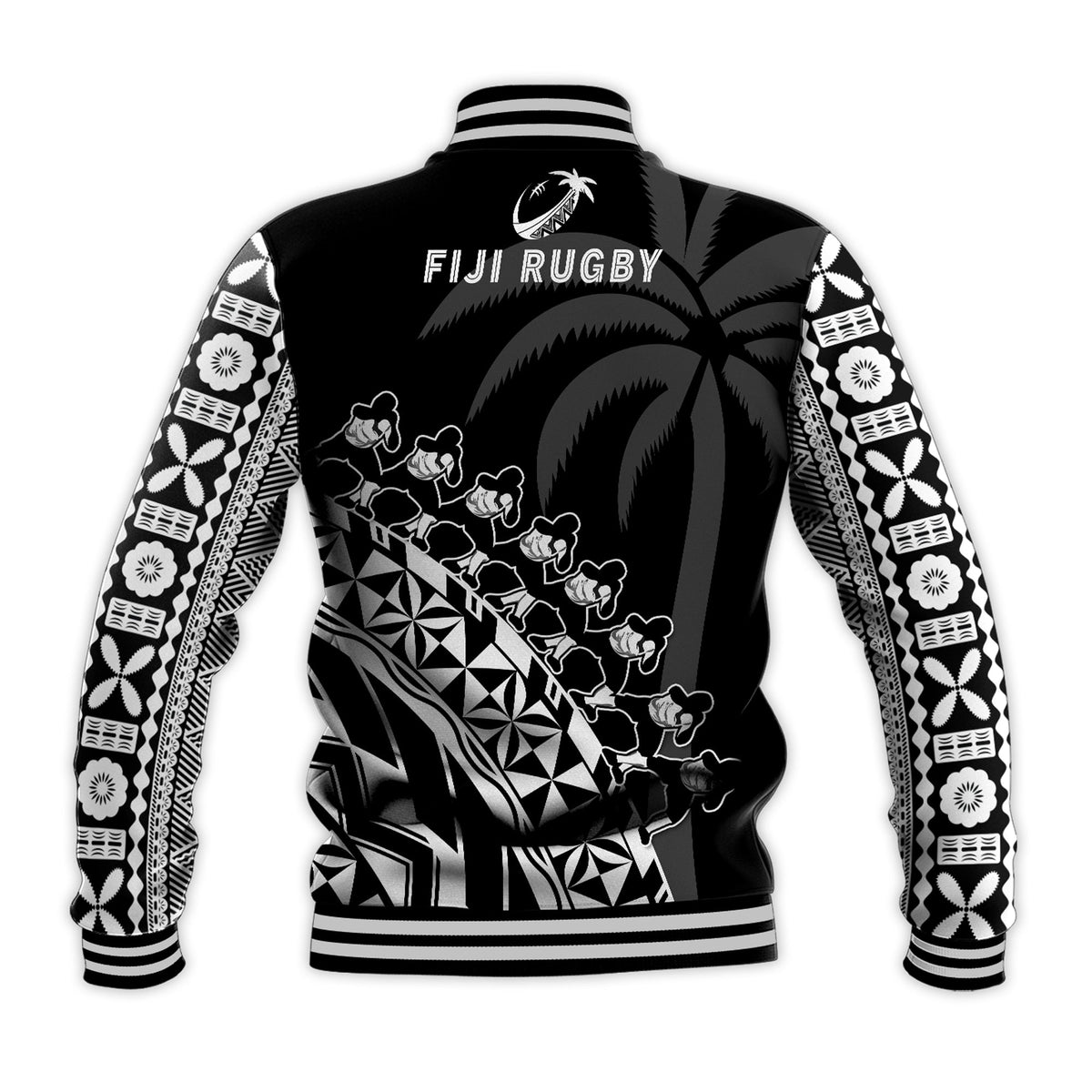 Fiji Rugby Baseball Jacket Fijian Cibi Dance Tapa Pattern Black - Wonder Print Shop