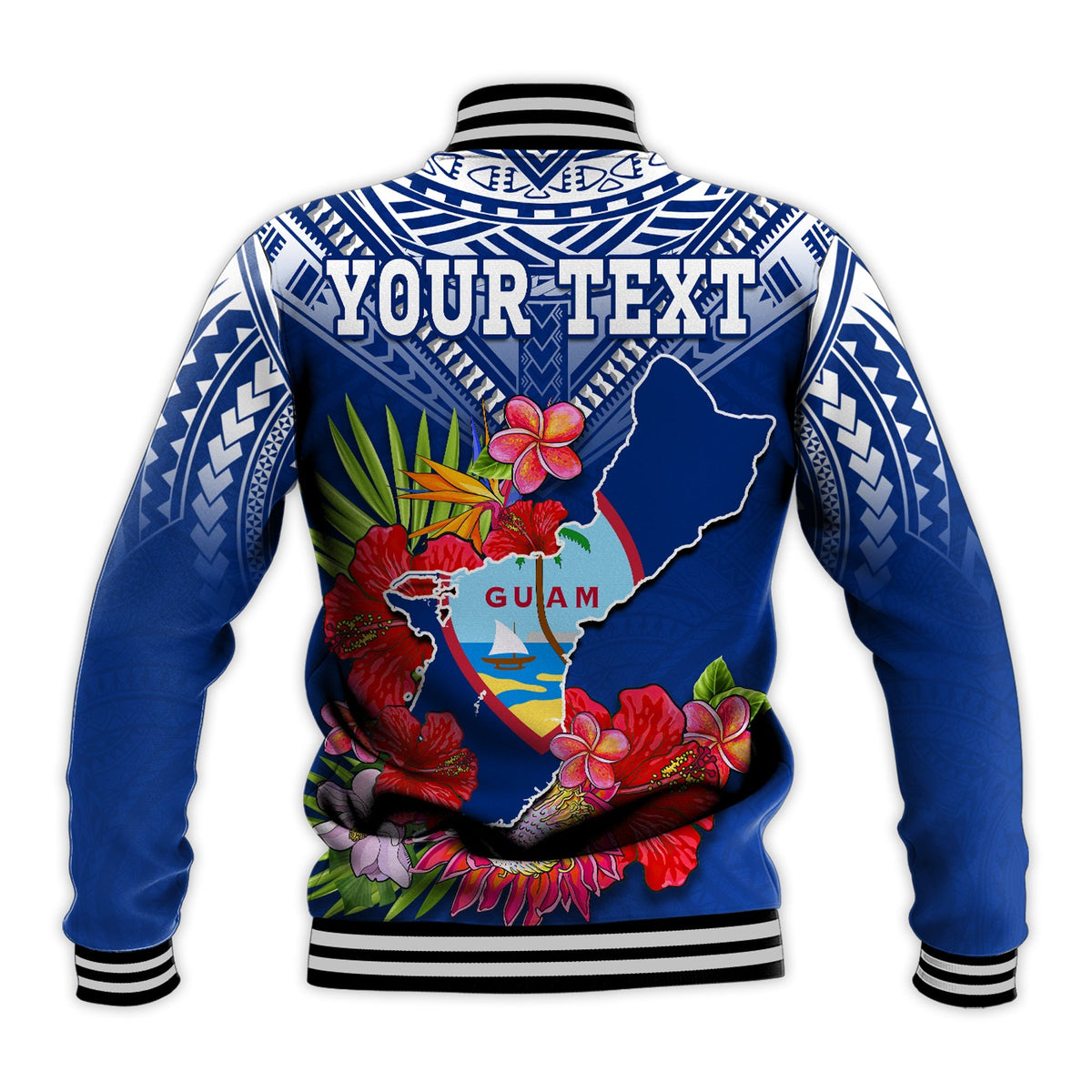 Custom Personalised Guam Chamorro Baseball Jacket Guaman Latte Stone Tropical Flowers Blue Version - Wonder Print Shop