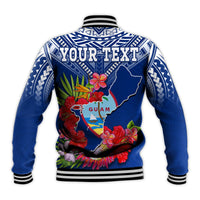 Custom Personalised Guam Chamorro Baseball Jacket Guaman Latte Stone Tropical Flowers Blue Version - Wonder Print Shop