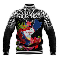 Custom Personalised Guam Chamorro Baseball Jacket Guaman Latte Stone Tropical Flowers Black Style - Wonder Print Shop