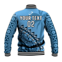 Custom Text And Number Fiji Tapa Rugby Baseball Jacket Fijian Cibi Dance Tapa Pattern Blue - Wonder Print Shop