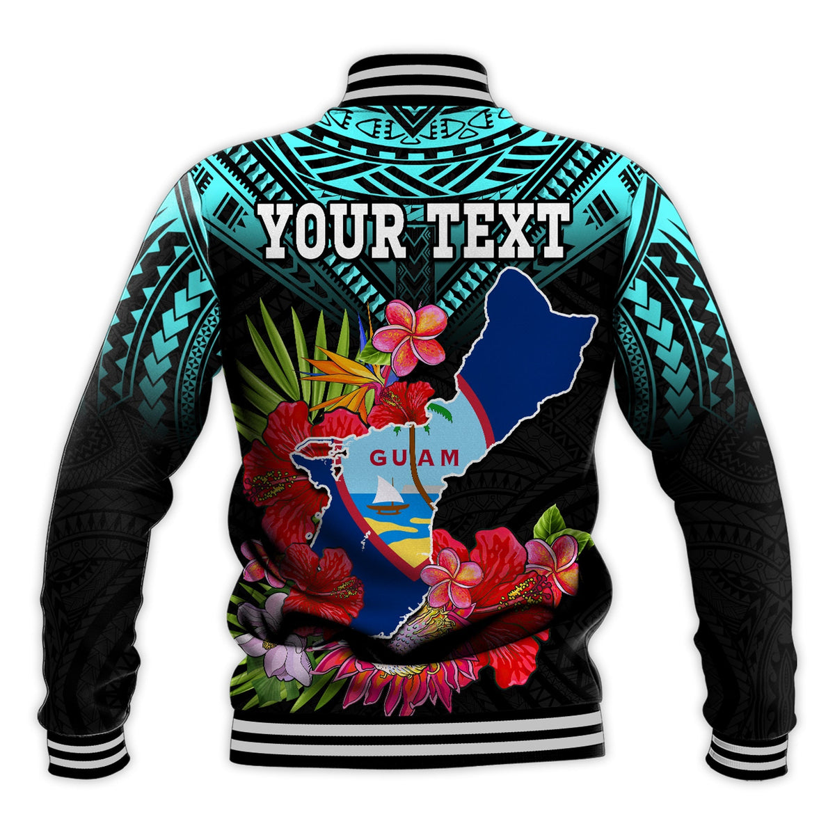 Custom Personalised Guam Chamorro Baseball Jacket Guaman Latte Stone Tropical Flowers Turquoise Style - Wonder Print Shop