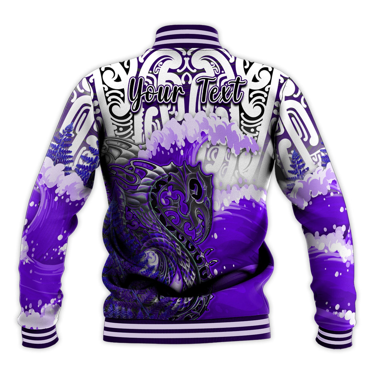 Custom Personalised Manaia Maori Baseball Jacket Fern Aotearoa Purple Waves LT13 - Wonder Print Shop