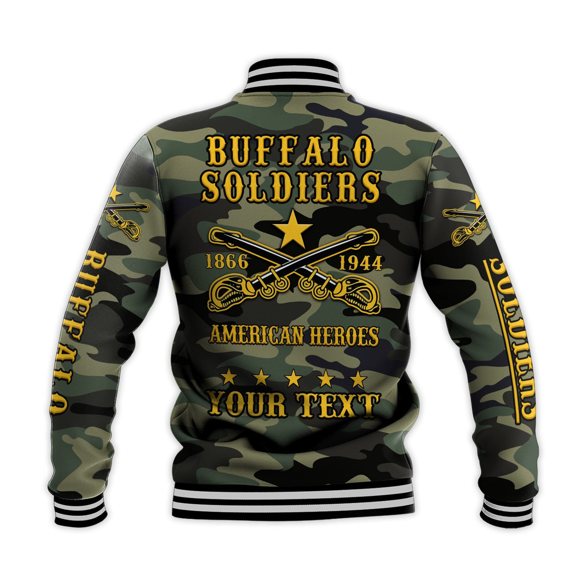 Camo baseball jacket back print: Buffalo Soldiers, 1866–1944 star, striped hem