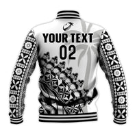Custom Text And Number Fiji Rugby Baseball Jacket Fijian Cibi Dance Tapa Pattern White - Wonder Print Shop