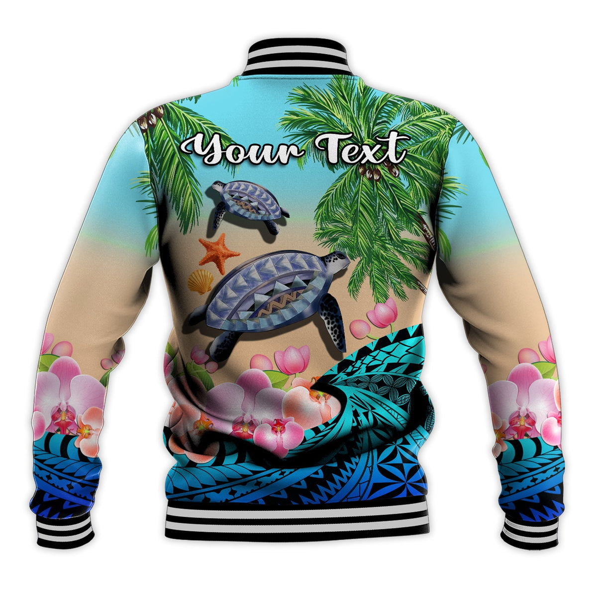 Custom Personalised Polynesian Turtle Coconut Tree And Orchids Baseball Jacket - Wonder Print Shop
