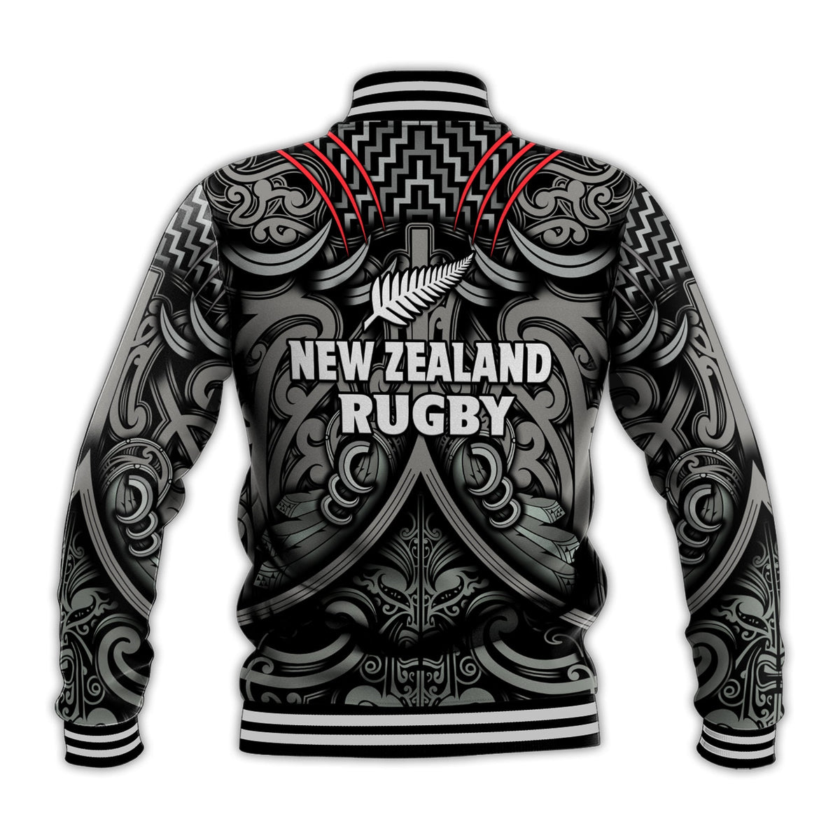 Black rugby baseball jacket back with “New Zealand Rugby” text, Maori pattern, ribbed hem
