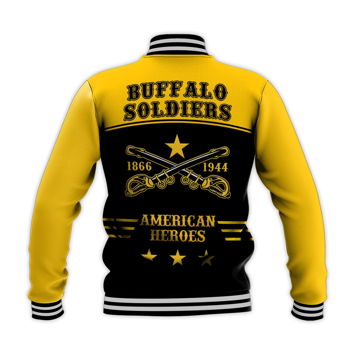 Baseballjacke gelb mit Rückenprint Buffalo Soldiers, American Heroes und Sternen
