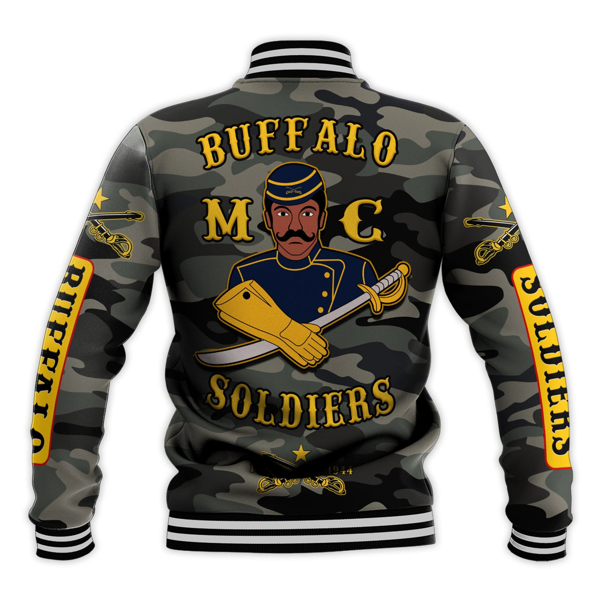 Back graphic multicolor camouflage baseball jacket, Buffalo Soldiers lettering, striped ribbed hem