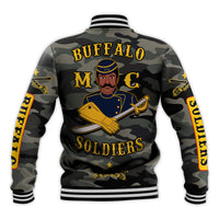 Back graphic multicolor camouflage baseball jacket, Buffalo Soldiers lettering, striped ribbed hem