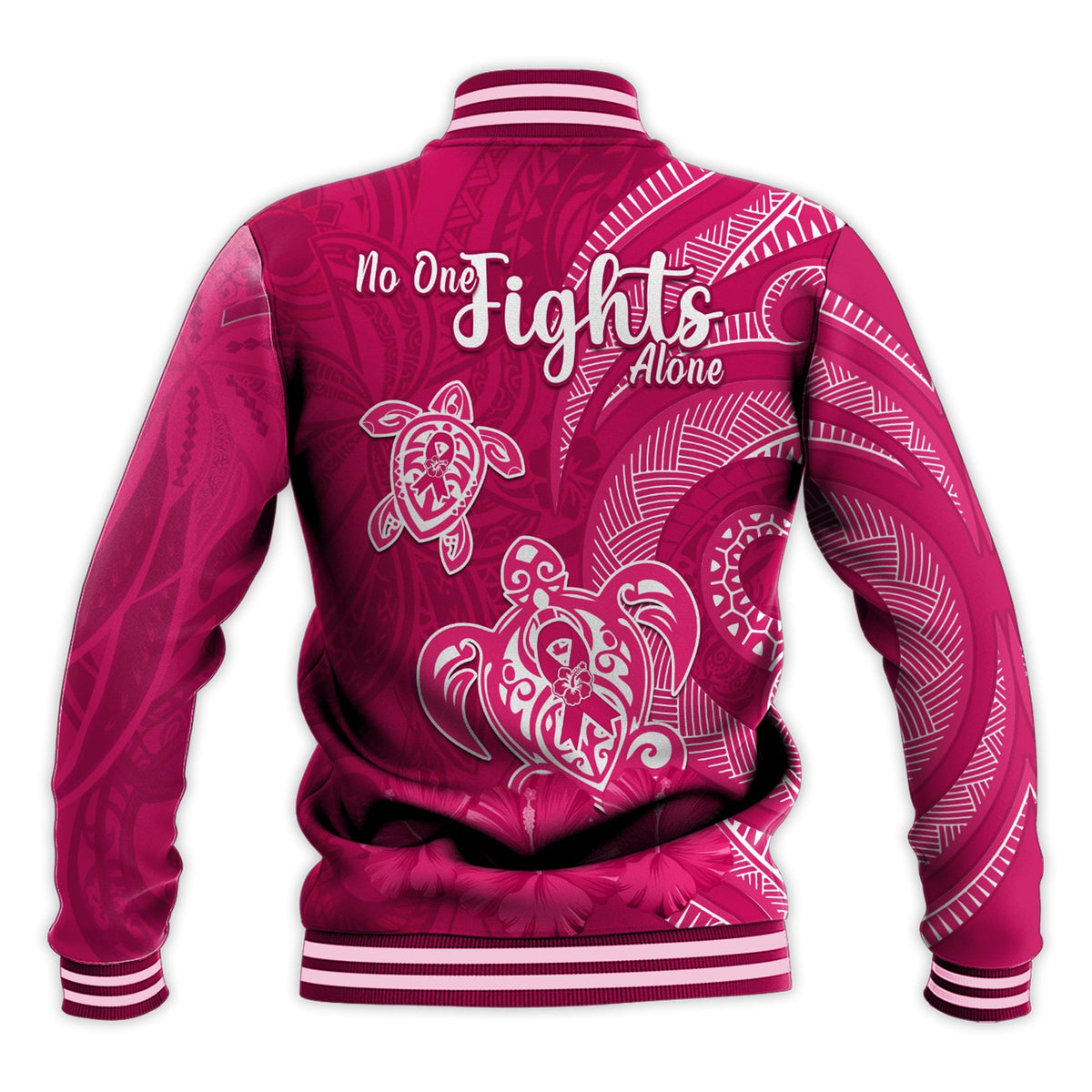 Breast Cancer Awareness Baseball Jacket Hibiscus Polynesian No One Fights Alone LT13 - Wonder Print Shop