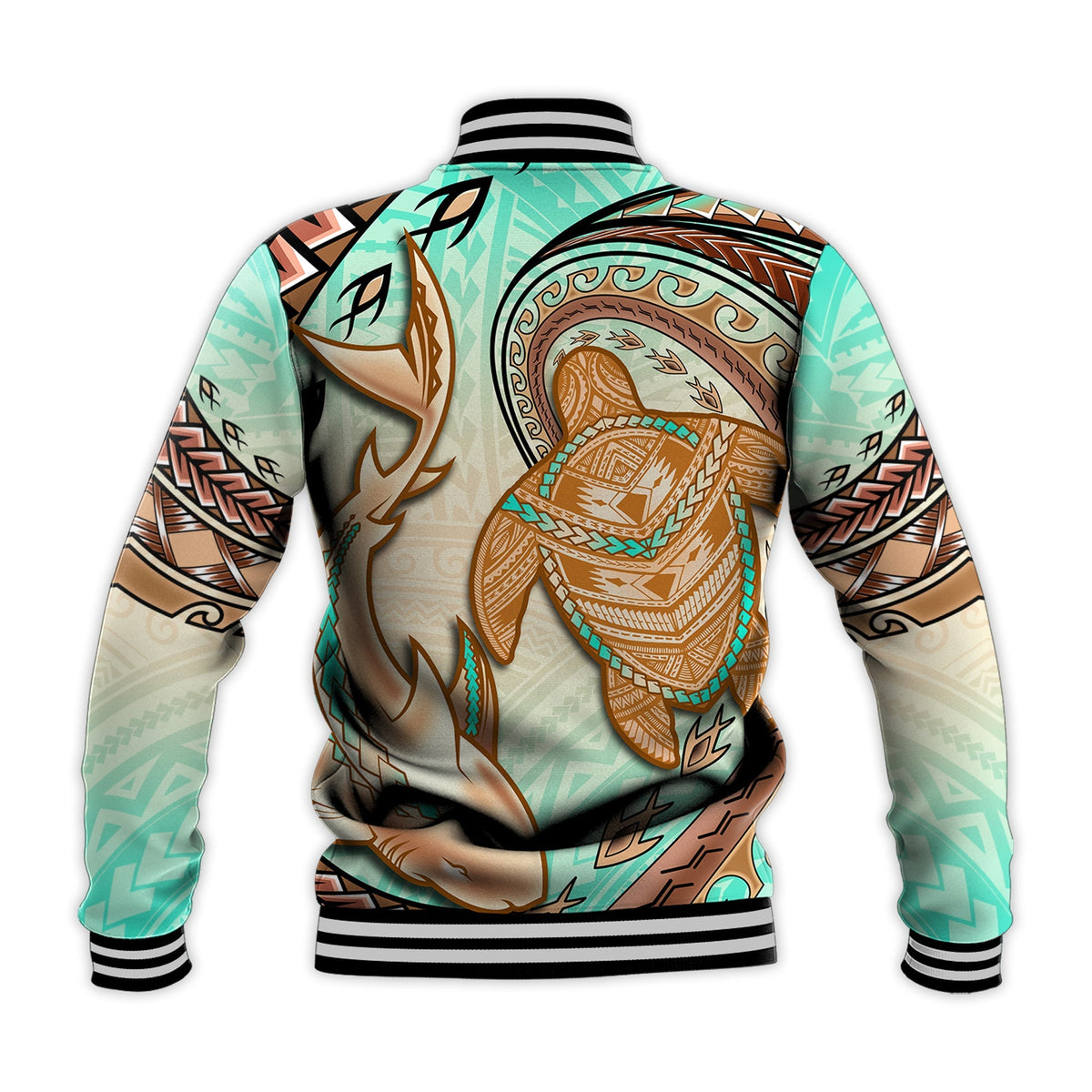 Hawaii Baseball Jacket Polynesian Shark And Sea Turtle Dreamy Turquoise Artsy - Wonder Print Shop