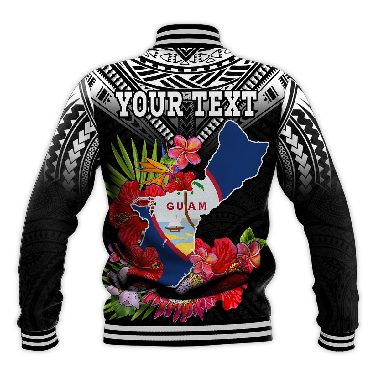 Custom Personalised Guam Chamorro Baseball Jacket Guaman Latte Stone Tropical Flowers Black Style - Wonder Print Shop