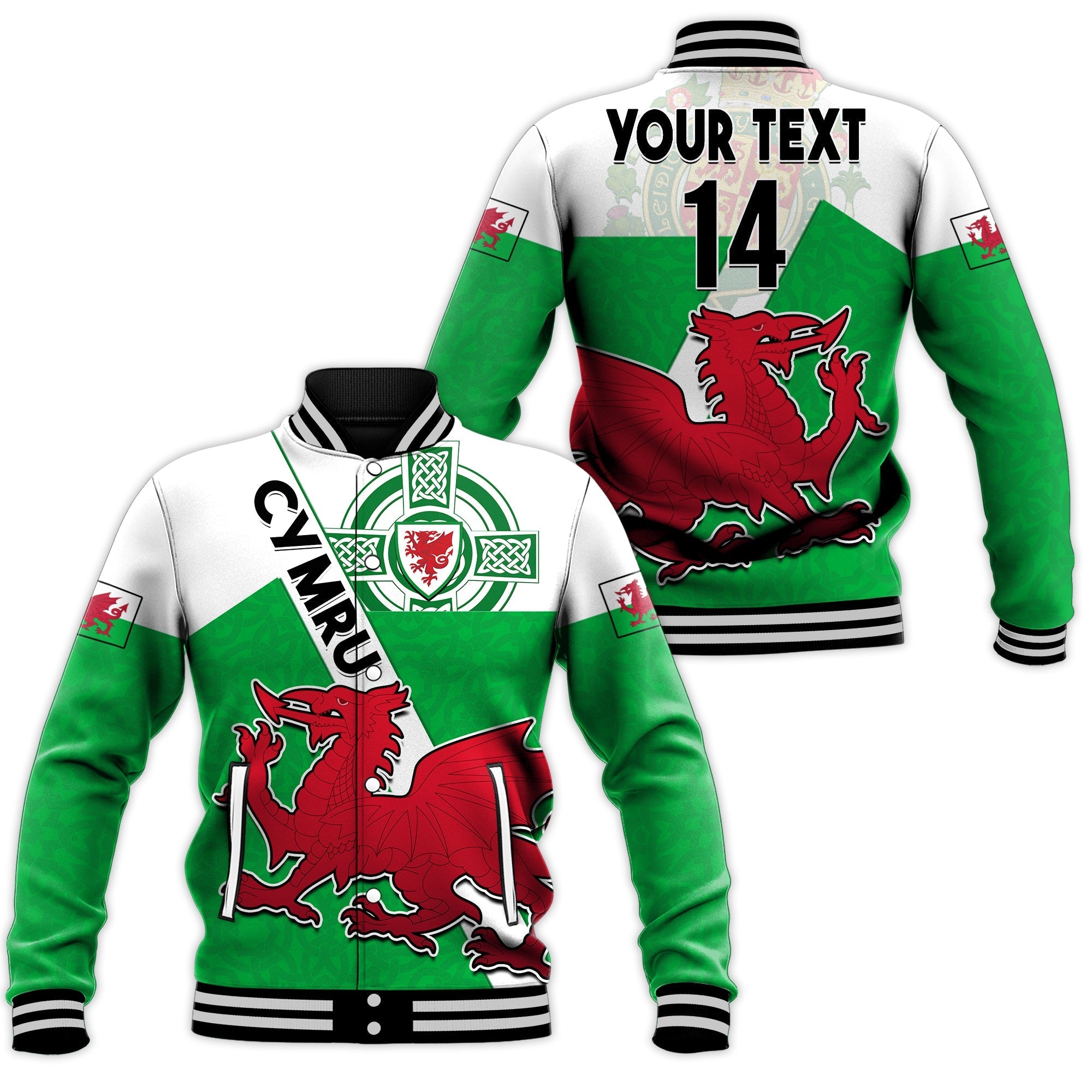 (Custom Text And Number) Wales Football Baseball Jacket Come On Welsh Dragons With Celtic Knot Pattern - Wonder Print Shop