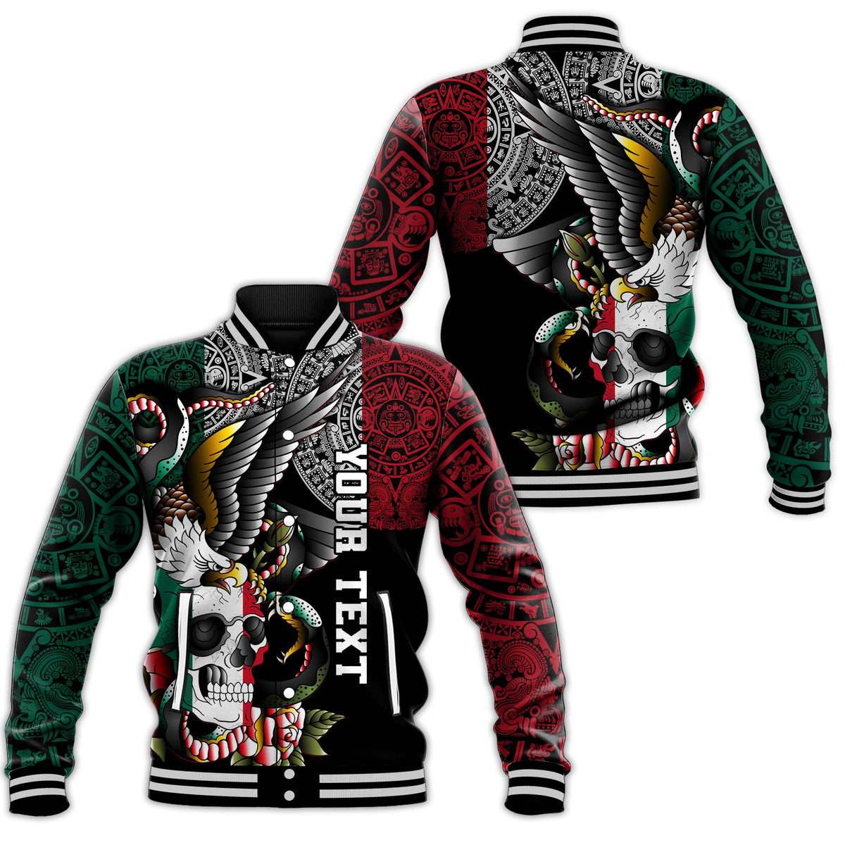 (Custom Personalised) Mexico Baseball Jacket Mexican Skull Eagle With Angry Snake - Wonder Print Shop