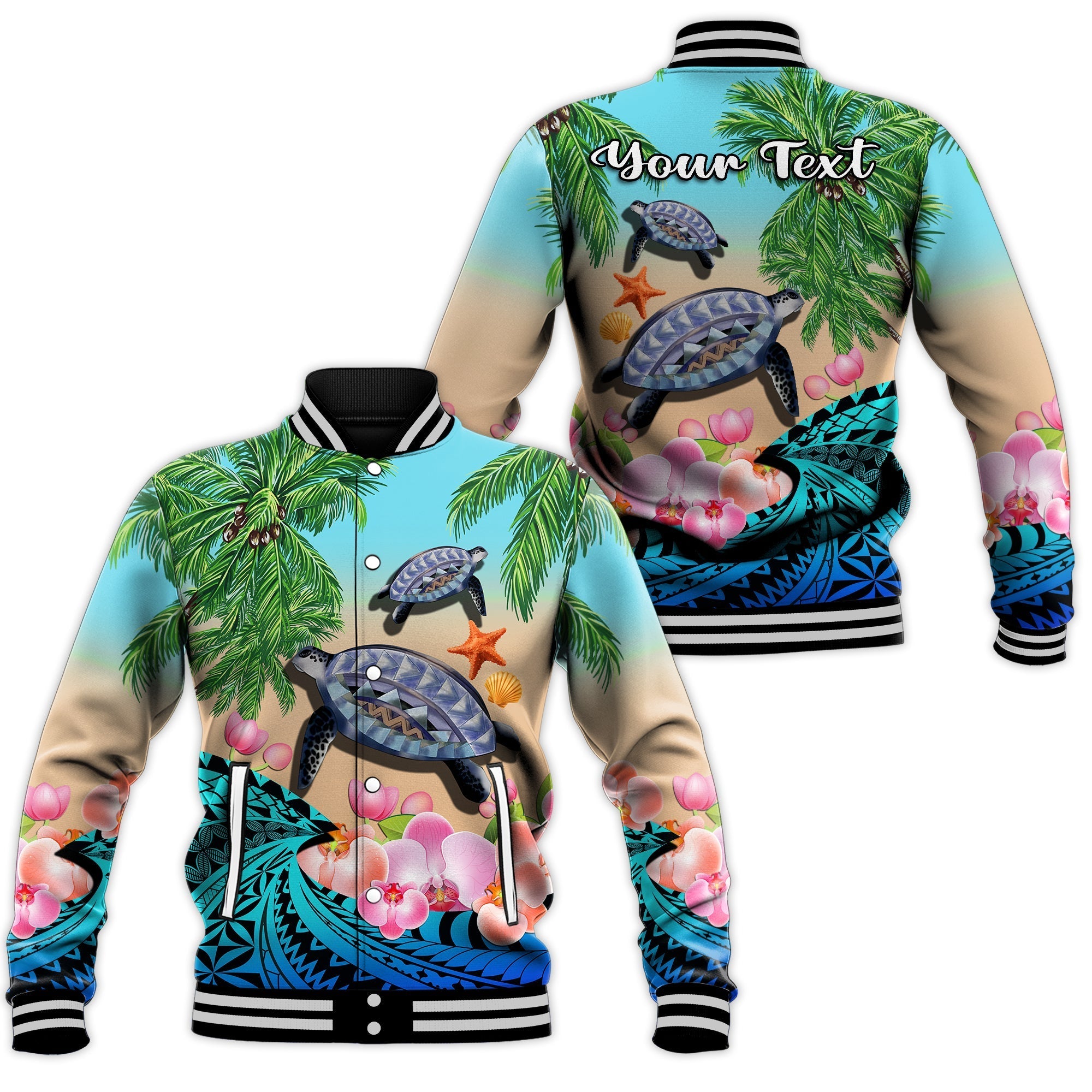 Custom Personalised Polynesian Turtle Coconut Tree And Orchids Baseball Jacket - Wonder Print Shop