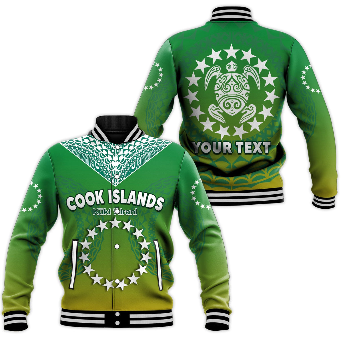 Custom Personalised Cook Islands Baseball Jacket Circle Pattern Mix Sea Turtle Green Version - Wonder Print Shop