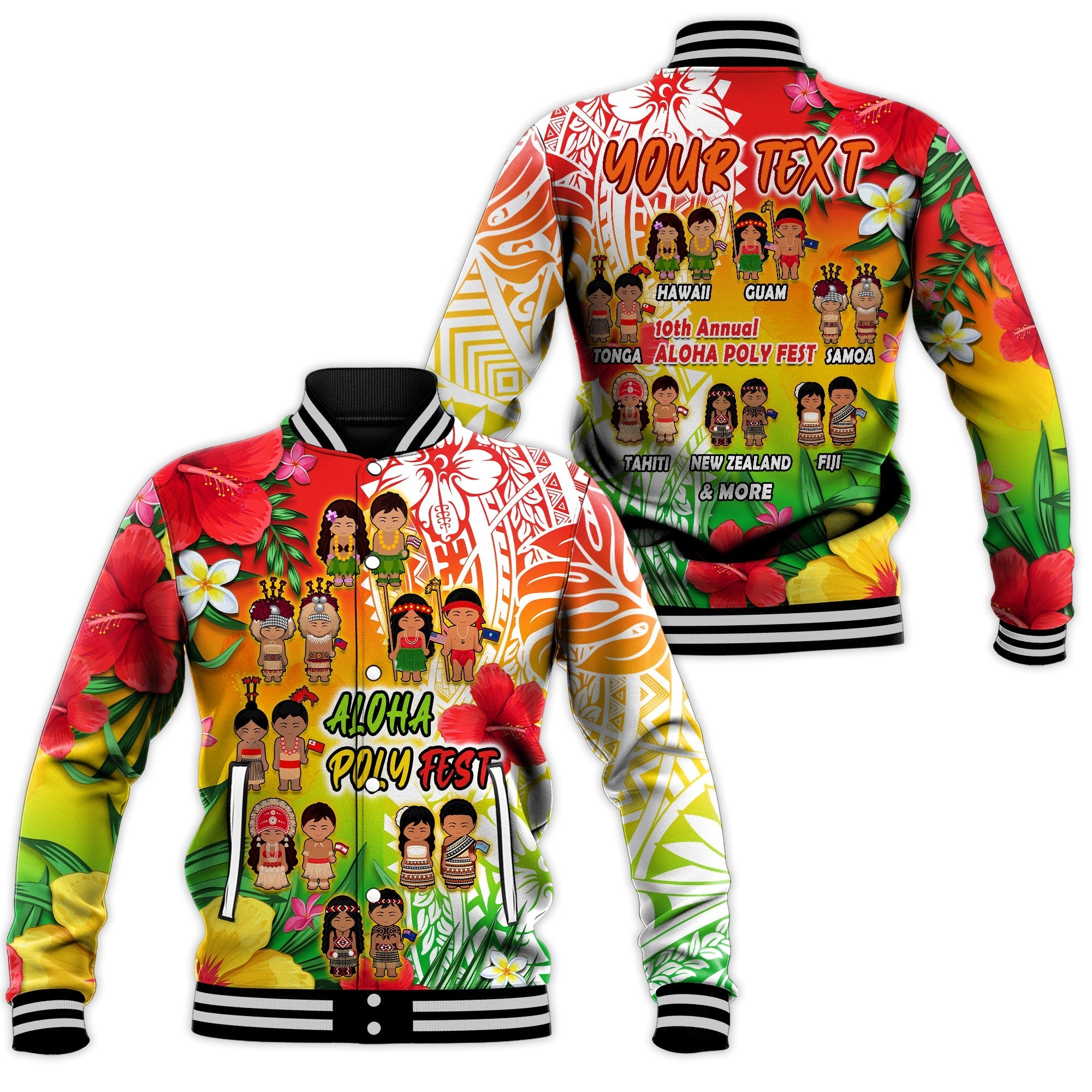 Custom Personalised Aloha Poly Fest Baseball Jacket Polynesian Pattern With Tropical Flowers - Wonder Print Shop
