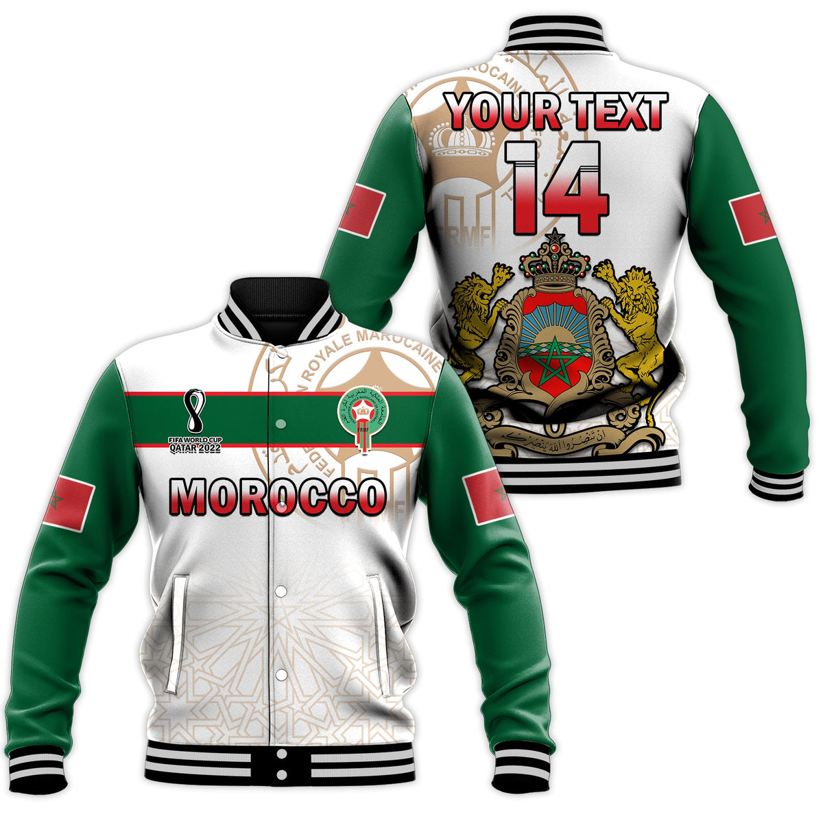(Custom Text and Number) Morocco Football Basseball Jacket Atlas Lions White World Cup 2022 - Wonder Print Shop